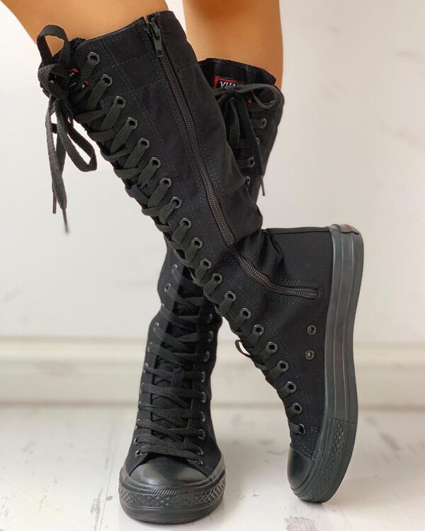 Canvas Side Zipped Lace-Up Boots - Image 4