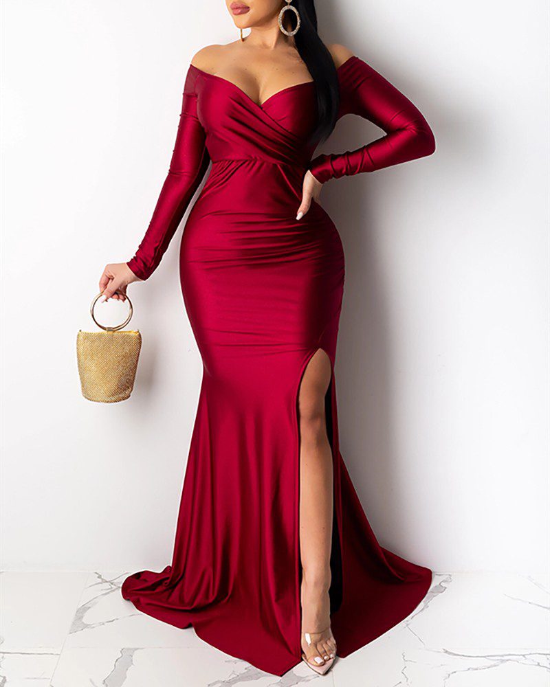 Off Shoulder Ruched Slit Evening Dress - Image 4