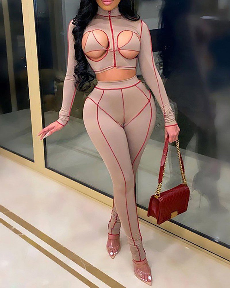 Colorblock Cutout Crop Top & Skinny Pants Set - Image 4