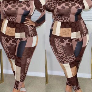 Plus Size Geometry Print Long Sleeve Top & High Waist Pants Set