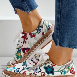 Floral Embroidery Lace-up Muffin Sneakers