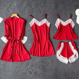 Satin Lace Trim 4PCS Sleepwear Sets