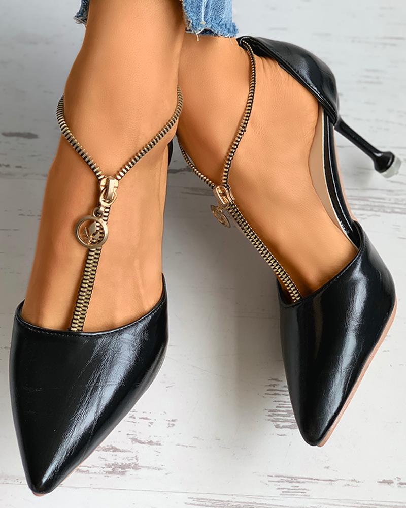 Zipper Design Pointed Toe Stiletto Heel