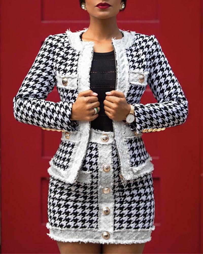 Houndstooth Buttoned Pocket Design Coat & High Waist Skirt Set - Image 4