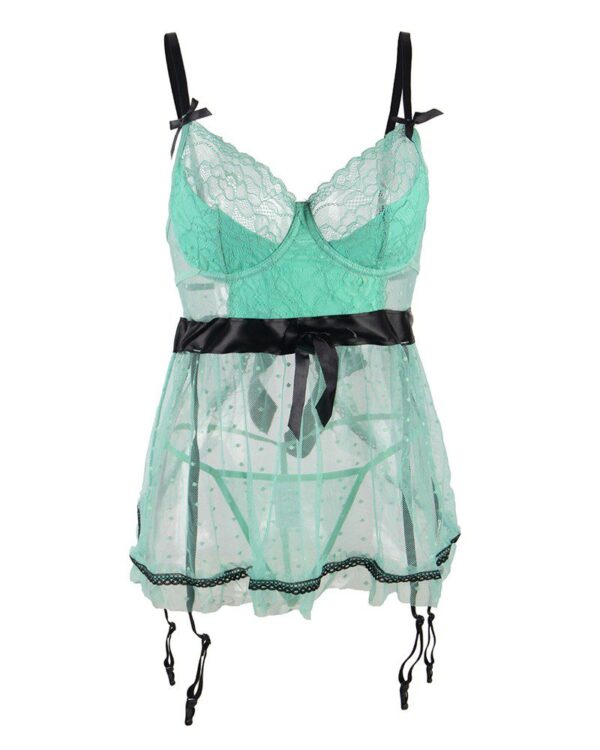 Plus Size Bowknot Lace Polkadot Print Babydoll - Image 3