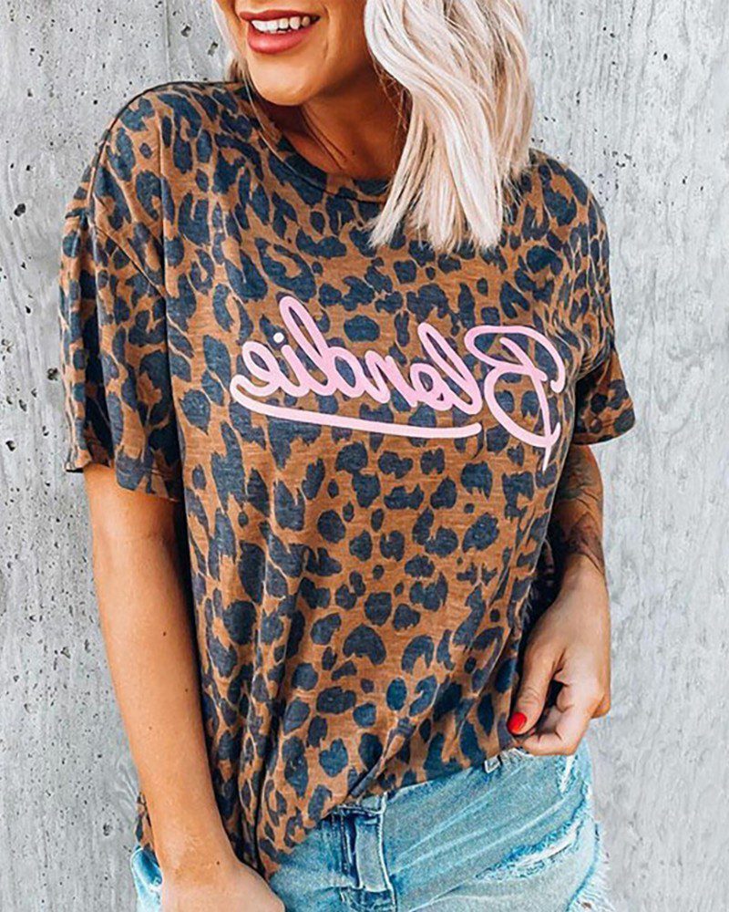 Letter Leopard Print Short Sleeve T-shirt - Image 5