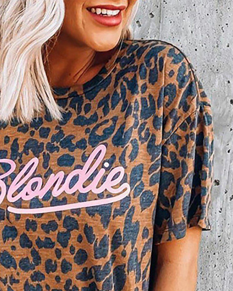 Letter Leopard Print Short Sleeve T-shirt - Image 3
