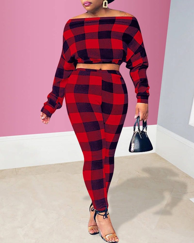Plaid Print Top & Pants Set - Image 4
