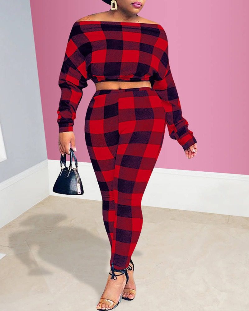 Plaid Print Top & Pants Set - Image 3