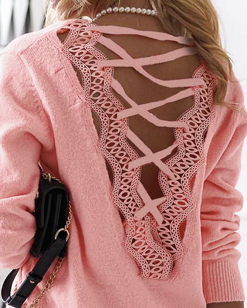 Strappy Guipure Lace Plain Sweater - Image 3