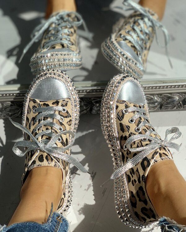 Leopard Rivet Embellished Lace-Up Sneakers - Image 3