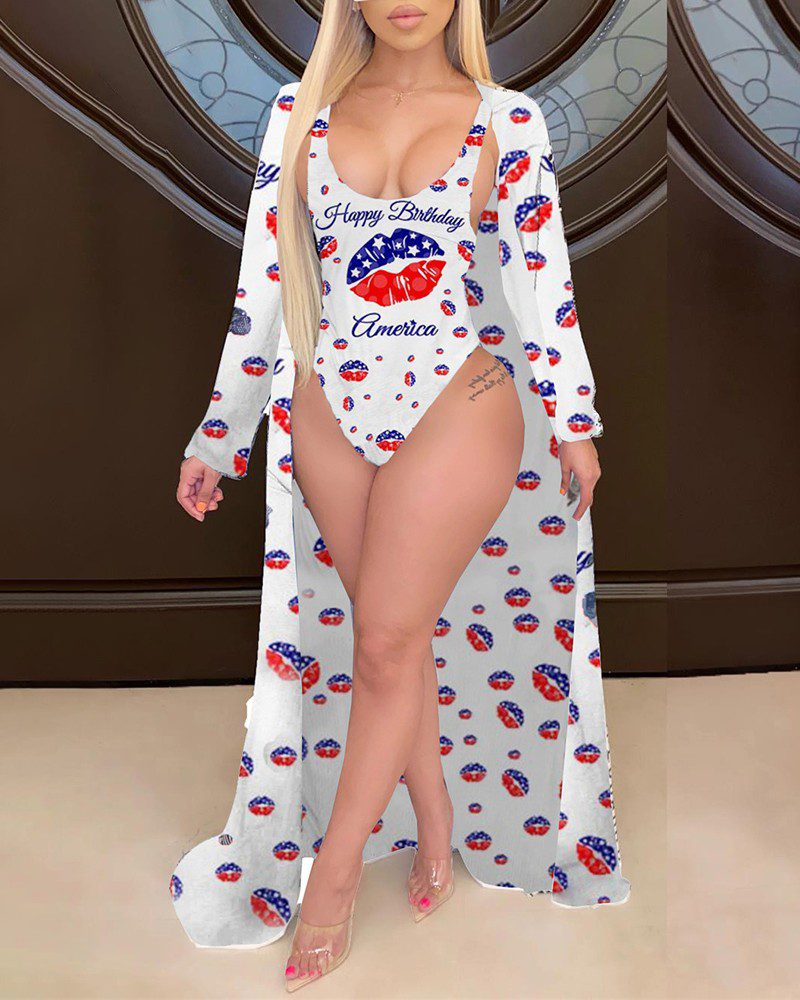 Thin Strap Lip Print One Piece Swimsuit With Cover Up - Image 2