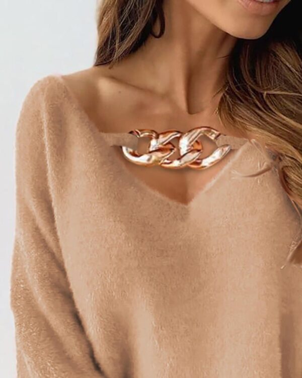 Chain Decor Cutout Fluffy Long Sleeve Sweater - Image 3