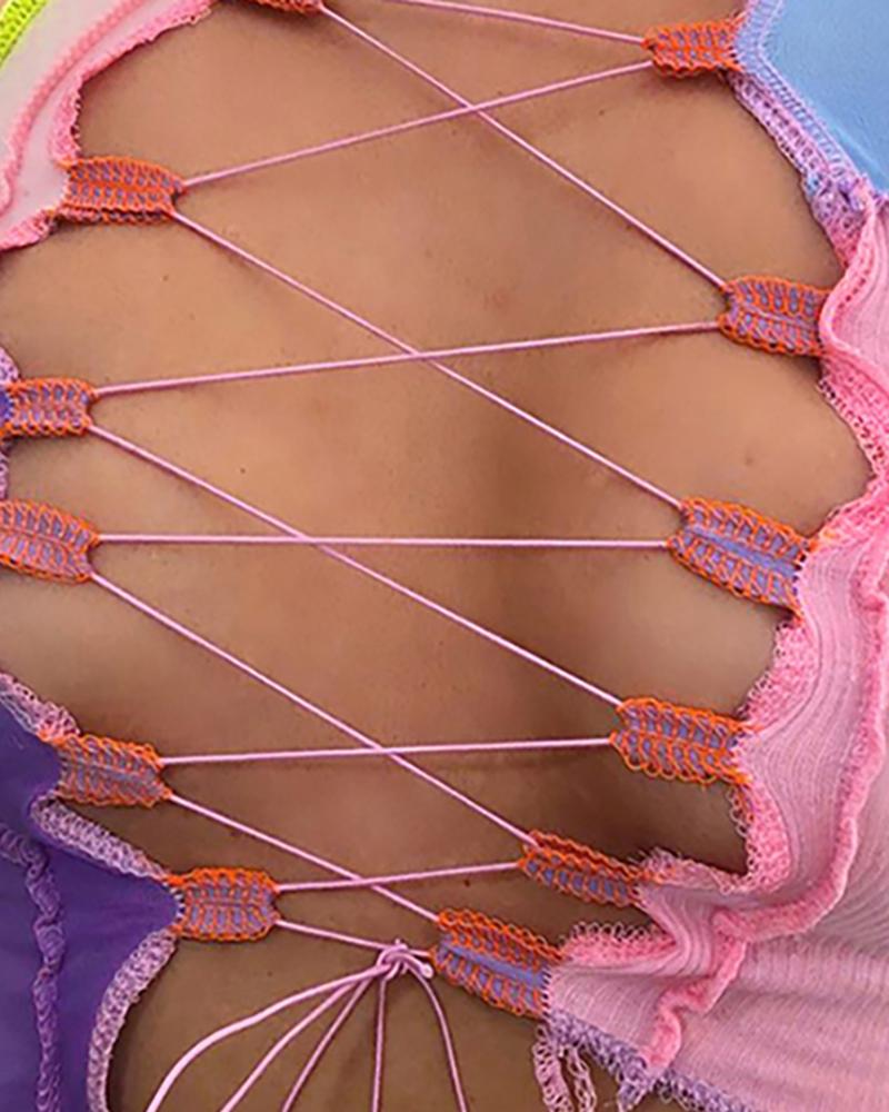 Lace-up Colorblock Sleeveless Top - Image 4