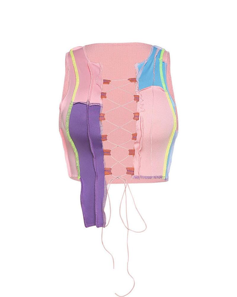 Lace-up Colorblock Sleeveless Top - Image 3