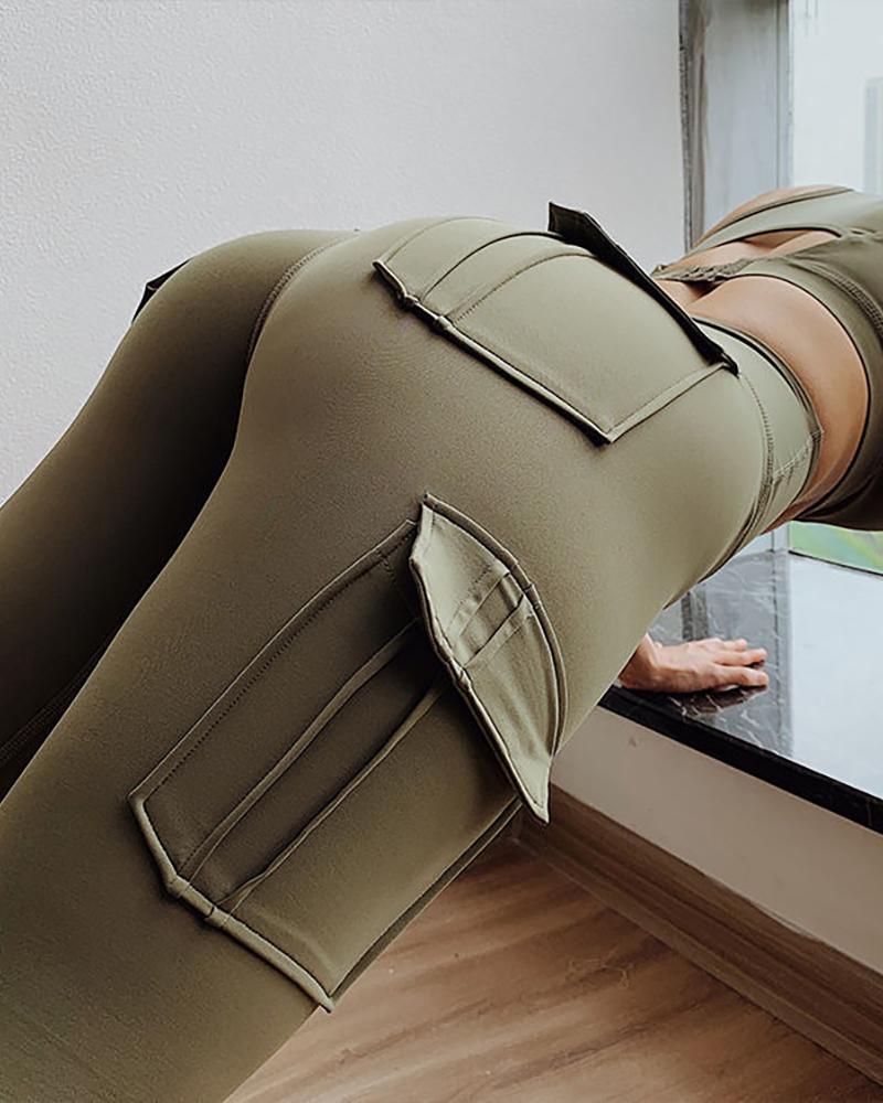 Plain Pocket Design High Waist Leggings - Image 4