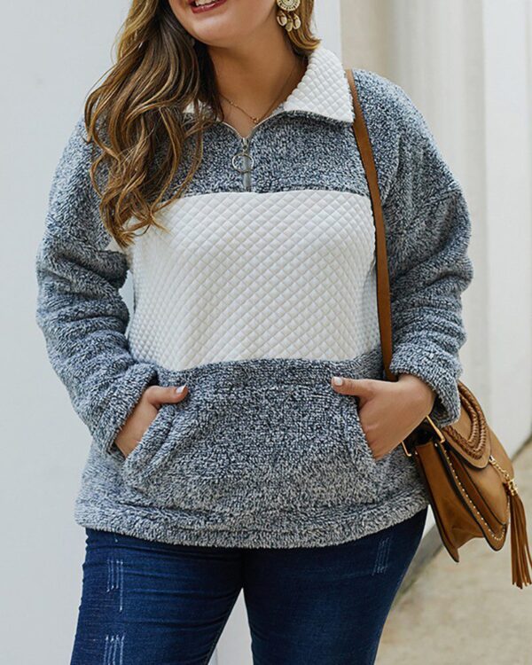Plus Size Colorblock Pocket Zipper Design Teddy Top