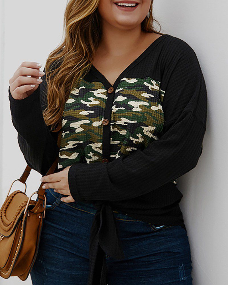 Plus Size Camouflage Tie Detail Button Front Knit Cardigan - Image 4