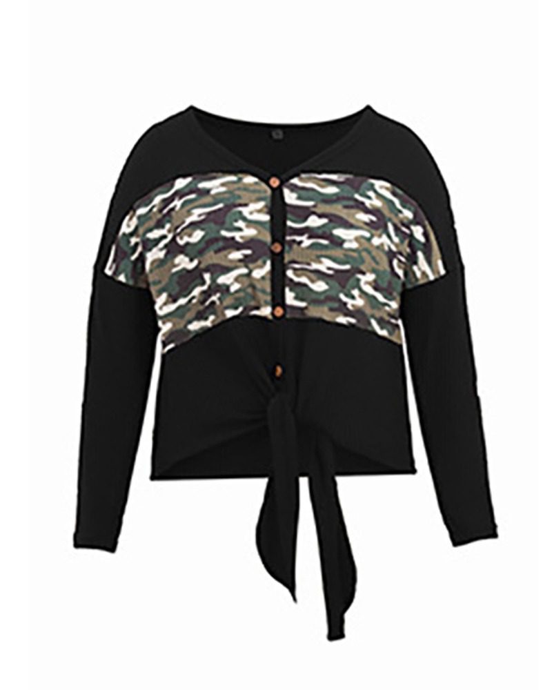 Plus Size Camouflage Tie Detail Button Front Knit Cardigan - Image 5