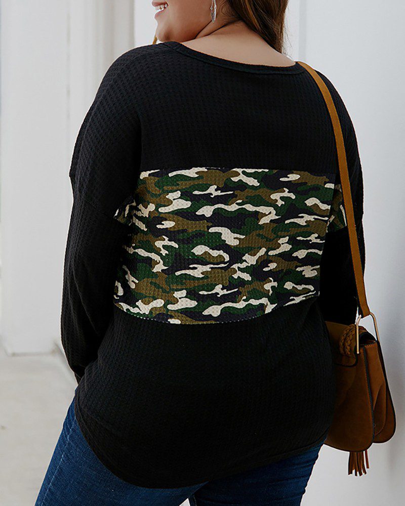 Plus Size Camouflage Tie Detail Button Front Knit Cardigan - Image 3