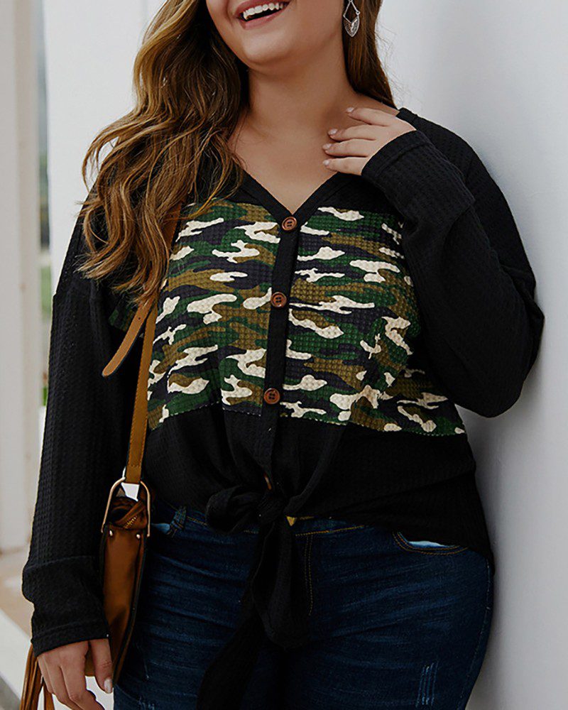 Plus Size Camouflage Tie Detail Button Front Knit Cardigan
