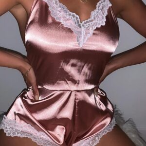 Lace Trim Satin Lounge Romper