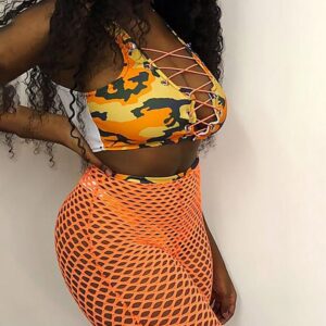 Print Eyelet Lace-up Tankini Set With Hollow Out Shorts