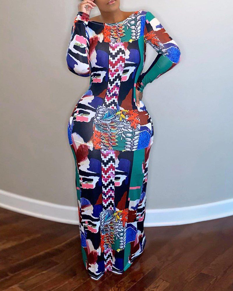 Abstract Print Lace-up Backless Maxi Dress - Image 3