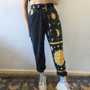 Sun & Moon Pattern High Waist Casual Jeans