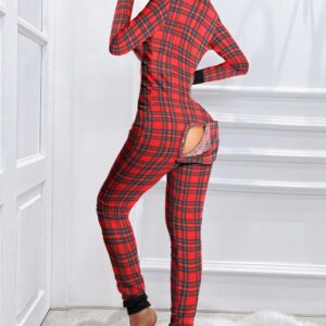 Plaid Functional Buttoned Flap Adults Pajamas