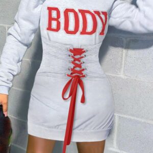 Eyelet Lace-up Letter Print Hooded Sweatshirt Dress