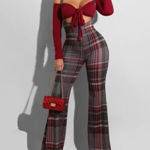 Plaid Colorblock Suspender Pants