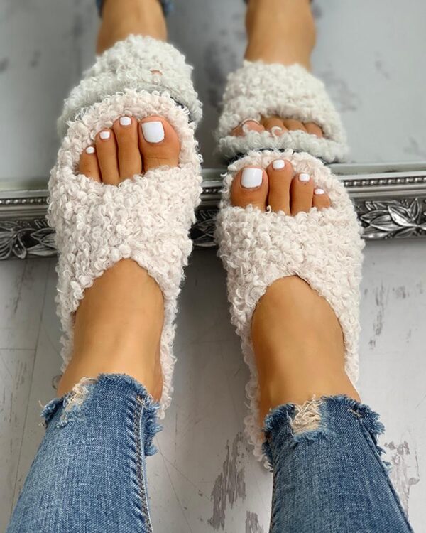 Solid Fluffy Crisscross Design Flat Sandals - Image 3