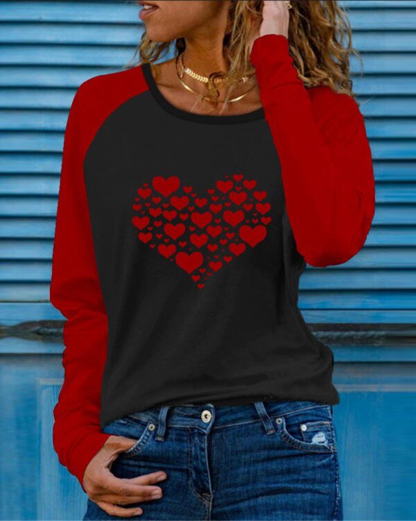 Colorblock Heart Print Long Sleeve Casual Top - Image 4