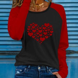 Colorblock Heart Print Long Sleeve Casual Top