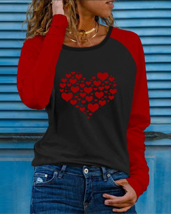 Colorblock Heart Print Long Sleeve Casual Top