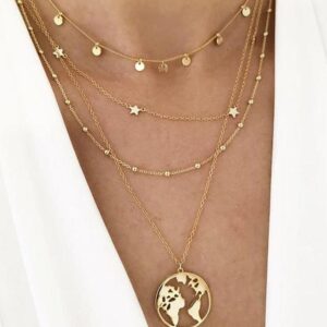 Disc Pentagram Star Bead Map Multilayer Necklace
