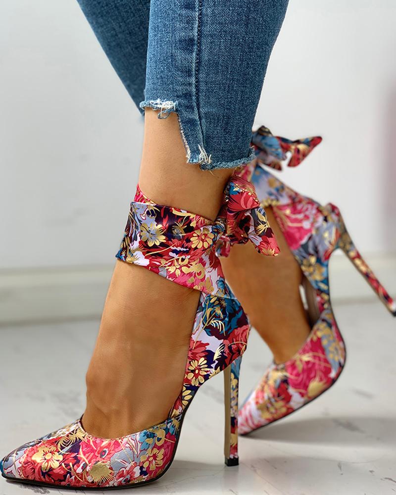 Floral Print Tied Ankle Thin Heels - Image 3