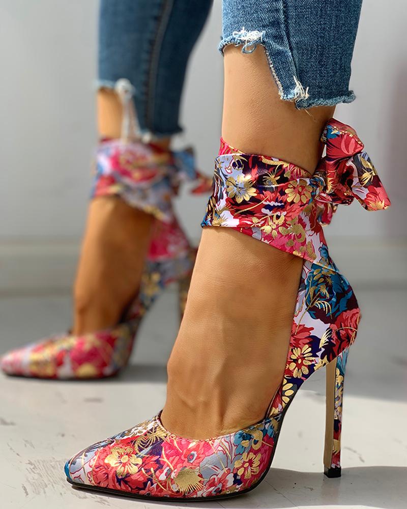 Floral Print Tied Ankle Thin Heels - Image 2