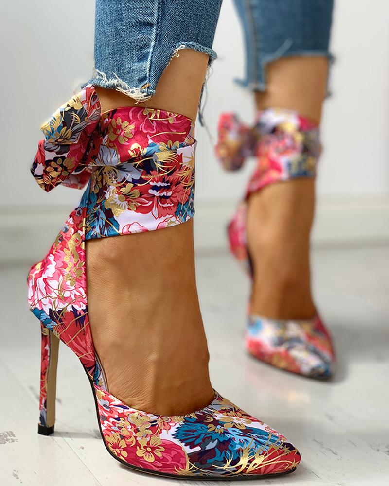 Floral Print Tied Ankle Thin Heels - Image 4