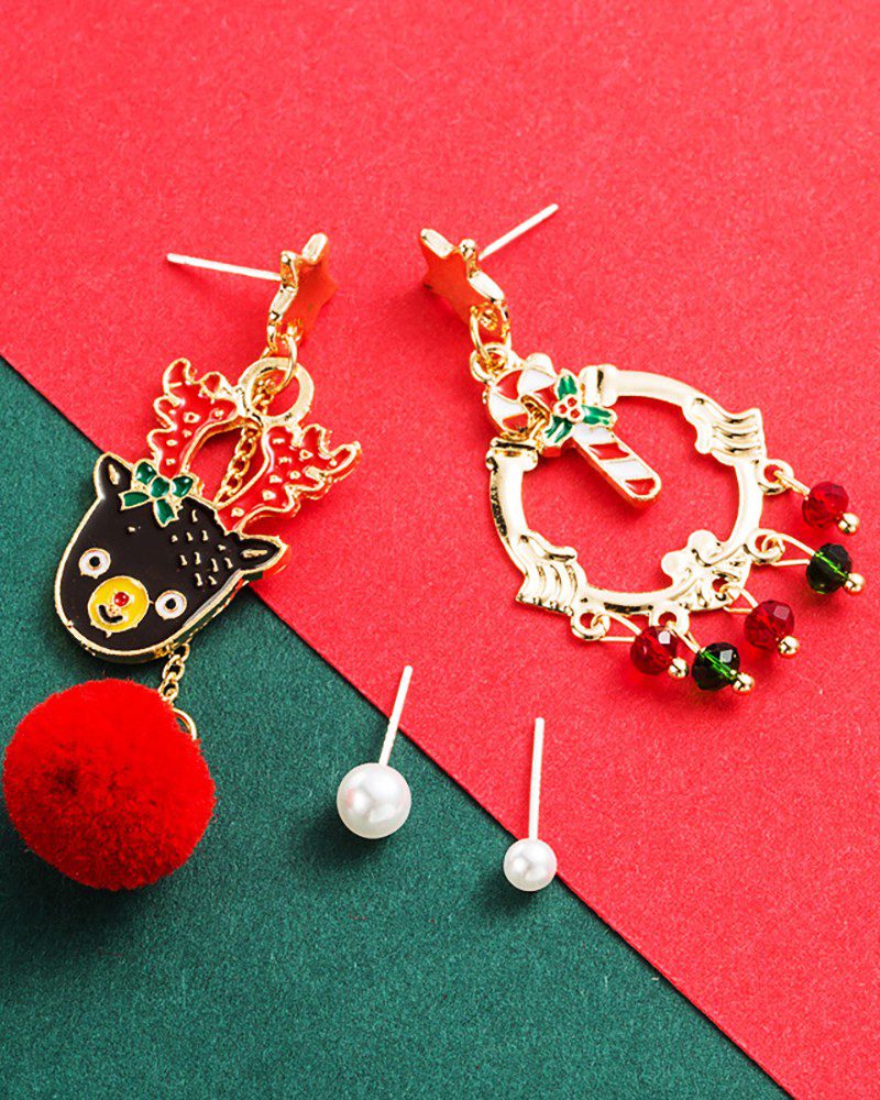 2Pairs Christmas Cartoon Pattern Pom Pom & Beaded Drop Earring - Image 4