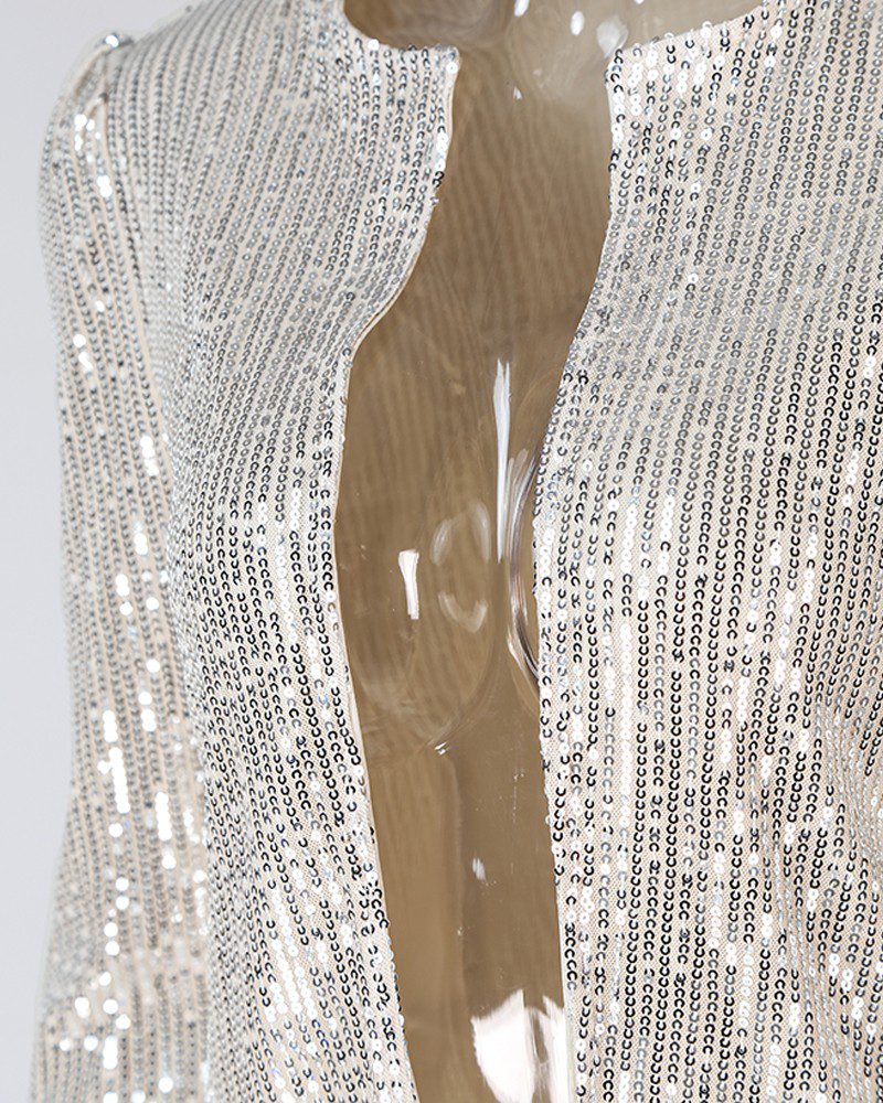 Long Sleeve Open Front Sequin Coat - Image 5