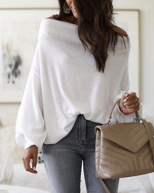 Off Shoulder Lantern Sleeve Ribbed Sweater - Image 4