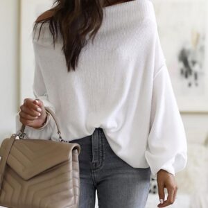 Off Shoulder Lantern Sleeve Ribbed Sweater