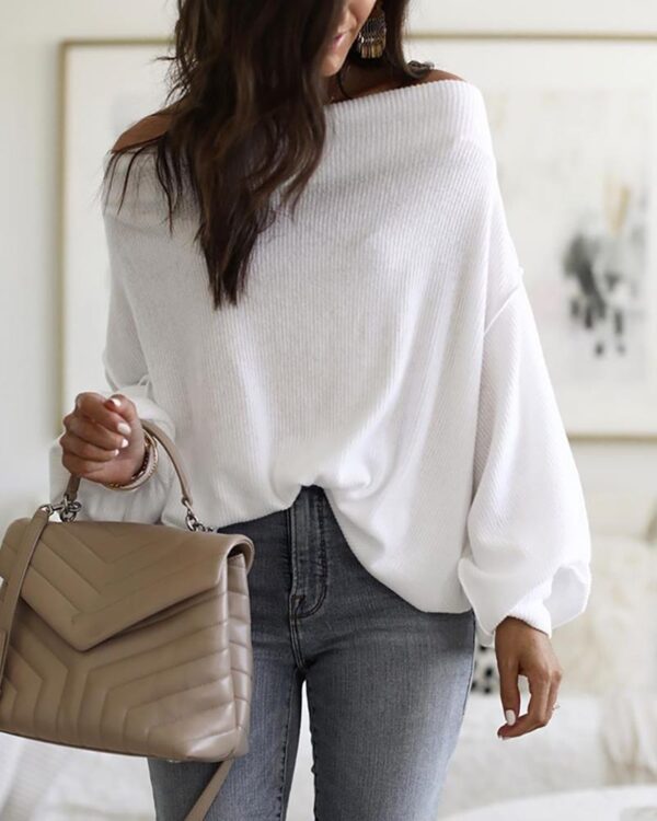 Off Shoulder Lantern Sleeve Ribbed Sweater