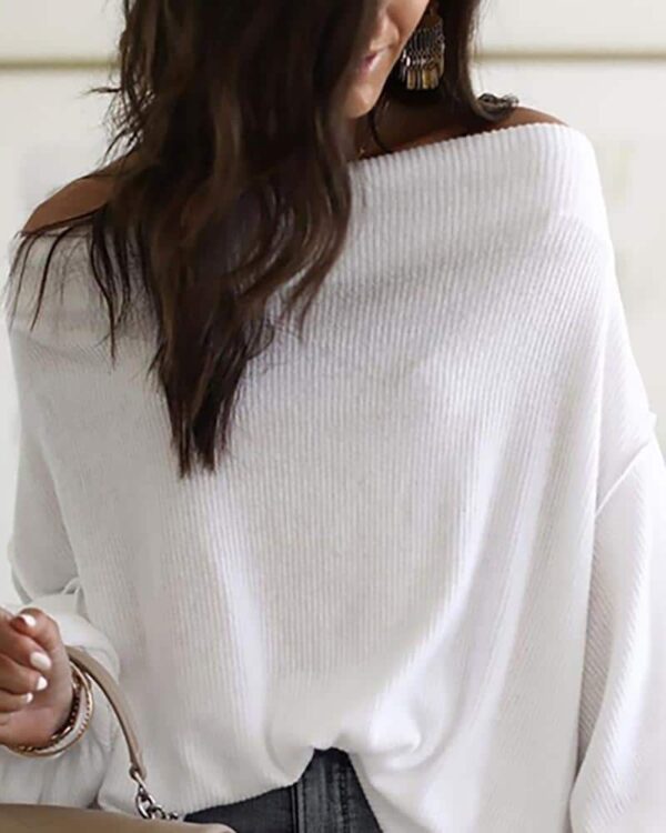 Off Shoulder Lantern Sleeve Ribbed Sweater - Image 3