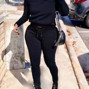 Plus Size Plain Pocket Design Sweatshirt & Drawstring Waist Pants Set