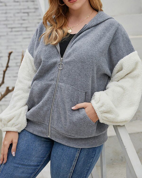 Plus Size Colorblock Zipper Pocket Design Hooded Coat - Image 3