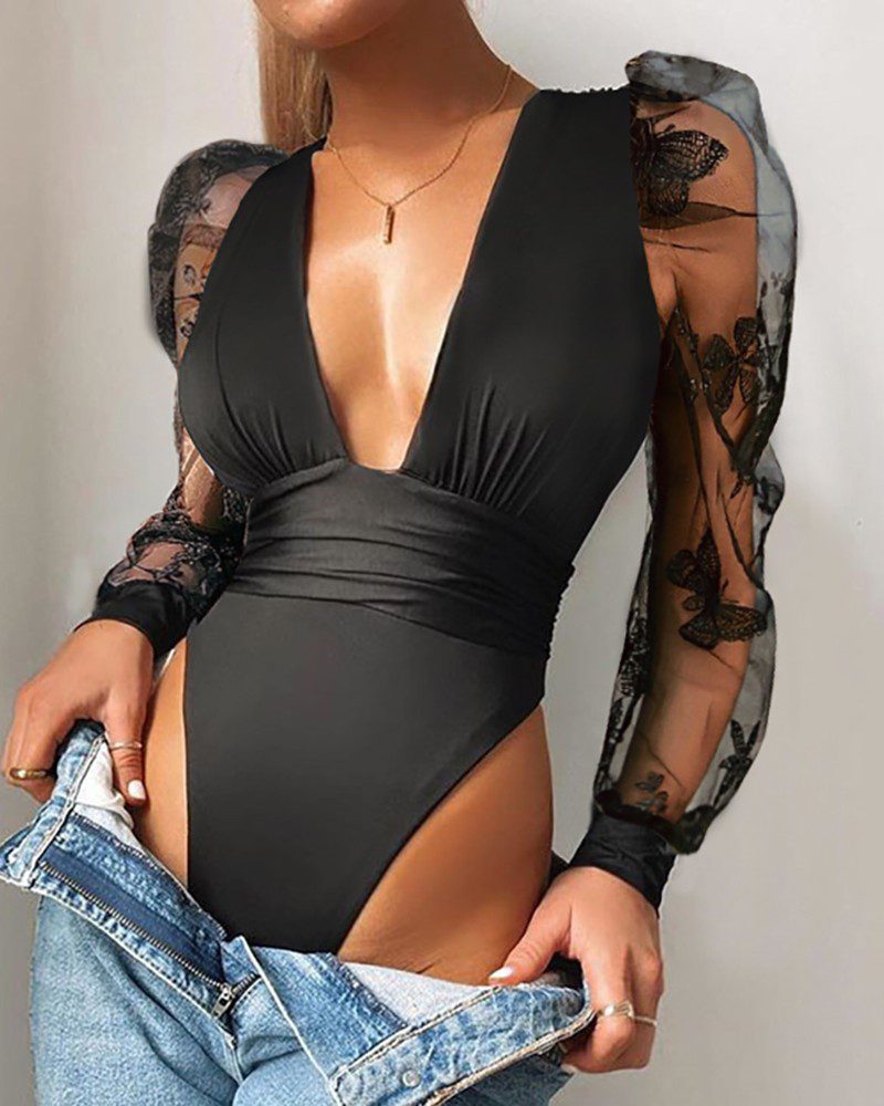 Puff Sleeve Sheer Mesh Bodysuit - Image 4