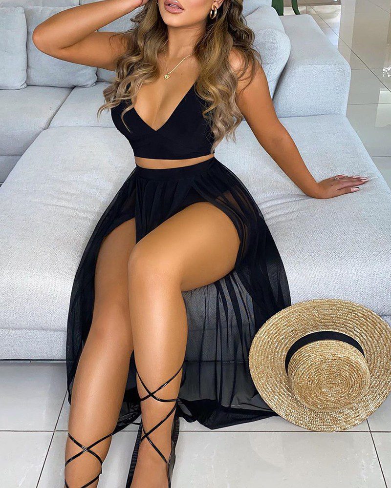 Solid Crop Top & Sheer Mesh High Slit Maxi Skirt Set - Image 4